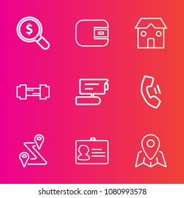 Premium set with outline vector icons. Such as travel, record, identification, purse, mobile, route, website, dollar, search, business, name, fitness, video, identity, home, location, cash, sport, map