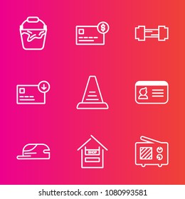 Premium set with outline vector icons. Such as customer, balance, finance, radio, food, cap, hat, money, sport, card, identity, fashion, signal, step, bank, supermarket, antenna, identification, up