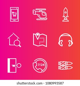 Premium set with outline vector icons. Such as operator, music, sign, fly, support, hand, smartphone, business, aviation, spaceship, travel, equipment, horizontal, search, headphone, audio, call, air