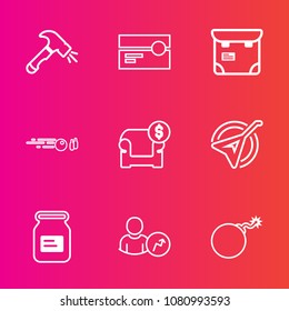 Premium set with outline vector icons. Such as tin, aluminum, sofa, phone, stereo, falling, person, cassette, tape, musical, hammer, shovel, tool, old, screwdriver, instrument, ball, string, business