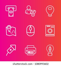 Premium set with outline vector icons. Such as finance, creative, bank, idea, event, gps, cash, appliance, subscribe, device, money, click, concept, pin, application, holiday, laundry, atm, travel