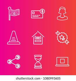 Premium set with outline vector icons. Such as profile, america, sand, supermarket, user, sign, cart, time, share, hourglass, store, card, human, social, money, cash, credit, avatar, hour, country, up