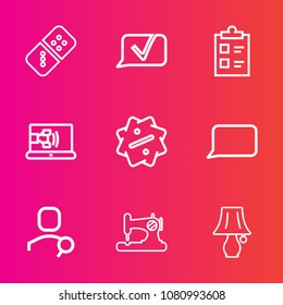 Premium set with outline vector icons. Such as risk, choice, communication, sale, mark, table, lamp, switch, bulb, play, effect, list, message, form, craft, check, checklist, fashion, online, white