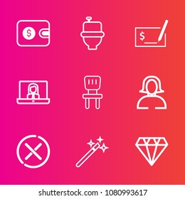 Premium set with outline vector icons. Such as magic, pen, interior, magician, toilet, wc, pay, woman, purse, finance, wallet, lady, sanitary, room, video, payment, call, dollar, young, comfortable