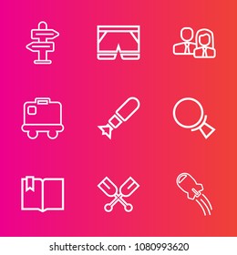 Premium set with outline vector icons. Such as team, travel, street, luggage, paddle, find, business, open, road, fashion, baggage, search, click, boat, clothing, arrow, technology, template, way, bag