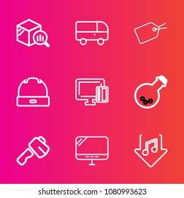 Premium set with outline vector icons. Such as sign, screwdriver, credit, trend, medicine, web, money, technology, fashion, tag, laboratory, laptop, tool, axe, logistics, economy, road, hammer, music
