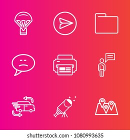 Premium set with outline vector icons. Such as object, astronomy, skydiver, transportation, extreme, open, sport, bubble, folder, road, telescope, web, location, phone, chat, person, speech, delivery