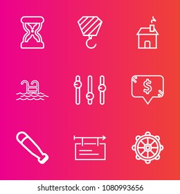 Premium set with outline vector icons. Such as architecture, blank, timer, sign, poster, estate, equipment, price, swimming, wheel, construction, bat, watch, sand, sport, wood, industrial, water, blue