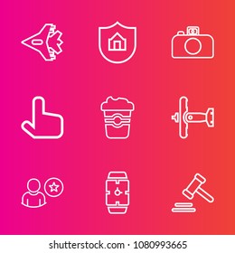 Premium set with outline vector icons. Such as travel, minute, aircraft, mug, camera, justice, cafe, click, sky, care, property, business, jetliner, aviation, protection, war, lens, jet, photography
