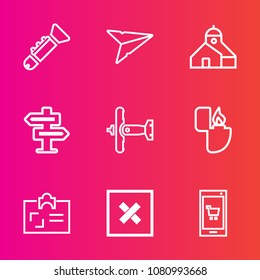 Premium set with outline vector icons. Such as web, trumpet, industry, message, fire, door, app, military, building, musical, music, phone, send, email, jazz, orchestra, hanger, identity, object, dont