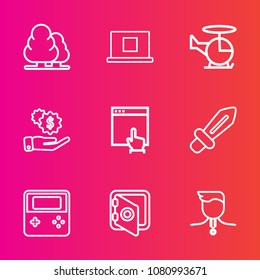Premium set with outline vector icons. Such as web, safety, arrow, medieval, button, landscape, banking, transport, weapon, bank, click, transportation, environment, sword, winner, knight, wood, money