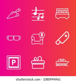 Premium set with outline vector icons. Such as furniture, transport, double, speaker, sofa, kitchen, ocean, modern, melody, cut, sunglasses, music, yacht, sea, glasses, bed, sun, fashion, car, tool