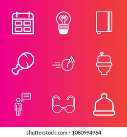 Premium set with outline vector icons. Such as day, calendar, textbook, light, snack, electric, fashion, glasses, communication, sunglasses, paper, night, timetable, late, electricity, toilet, head