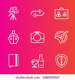 Premium set with outline vector icons. Such as concept, equipment, ship, wine, white, movie, transport, book, string, shield, video, drink, lens, notebook, people, tripod, woman, camera, security, man