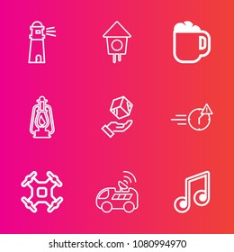 Premium set with outline vector icons. Such as package, kerosene, sky, coast, office, lighthouse, drone, vehicle, lantern, coffee, helicopter, cargo, cafe, lamp, satellite, late, box, sound, night