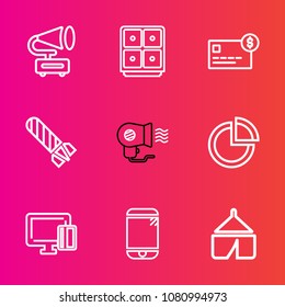 Premium set with outline vector icons. Such as chart, mobile, hair, fire, gramophone, white, touchscreen, camp, travel, record, finance, vintage, play, technology, safe, retro, power, cell, payment