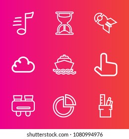 Premium set with outline vector icons. Such as chart, sound, boat, graph, bomb, office, ocean, sea, search, yacht, military, equipment, attack, tune, pointer, sand, timer, clock, vision, spy, hour
