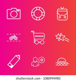 Premium set with outline vector icons. Such as photography, bag, bicycle, style, cart, online, ring, travel, landscape, pen, profile, star, falling, shop, cycle, vacation, morning, camera, leather