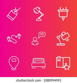 Premium set with outline vector icons. Such as cord, lamp, interior, technology, map, plug, illumination, paper, communication, double, sign, position, home, point, business, bedroom, furniture, chat