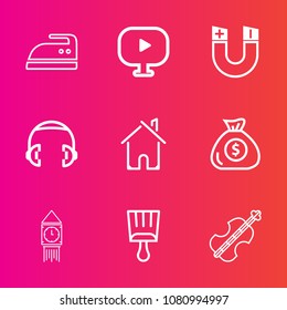 Premium set with outline vector icons. Such as music, clothes, ironing, play, button, headphone, housework, business, board, pole, video, big, paintbrush, brush, estate, cello, house, london, money