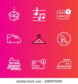 Premium set with outline vector icons. Such as right, cash, elegance, download, ironing, ship, vehicle, van, bag, money, transportation, iron, circle, vessel, business, sea, web, internet, sack, frame