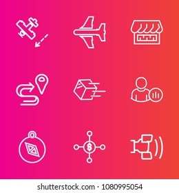 Premium set with outline vector icons. Such as flight, shop, business, north, fly, curtain, internet, technology, travel, map, cell, gps, social, profile, white, front, package, transportation, online