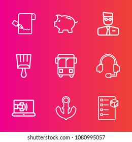 Premium set with outline vector icons. Such as boat, white, sign, internet, package, sea, investment, paint, online, banking, anchor, bus, notebook, box, technology, headset, transportation, paper