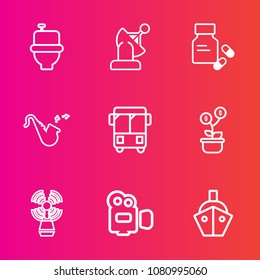 Premium set with outline vector icons. Such as growth, lighthouse, earth, camera, bathroom, health, communication, ship, tree, wc, transportation, bus, boat, orbit, room, beacon, pharmacy, bugle, road