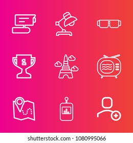 Premium set with outline vector icons. Such as winner, eiffel, landmark, account, security, furniture, lamp, map, remote, travel, delete, first, surveillance, light, paris, technology, safe, table, tv