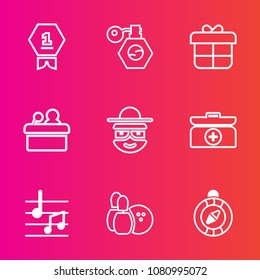 Premium set with outline vector icons. Such as conference, holiday, direction, achievement, south, decoration, bowling, compass, meeting, box, sport, cosmetic, cross, happy, character, container, pin