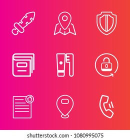 Premium set with outline vector icons. Such as antique, navigation, telephone, home, war, knight, ancient, medieval, mobile, sword, real, security, map, brush, weapon, literature, sign, open, unlock