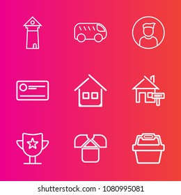 Premium set with outline vector icons. Such as arrow, cheque, tourism, highway, paris, internet, rent, white, business, car, award, people, architecture, prize, tower, move, store, payment, profile