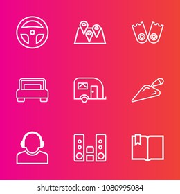 Premium set with outline vector icons. Such as equipment, service, open, travel, vehicle, bed, laboratory, player, team, road, bedroom, city, sport, support, business, traffic, location, medicine, pin