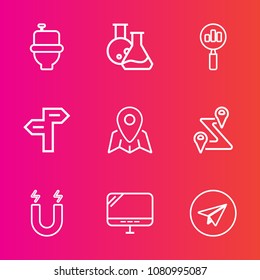 Premium set with outline vector icons. Such as communication, web, medical, way, restroom, science, dental, laptop, field, find, business, direction, travel, laboratory, pc, toilet, washroom, internet