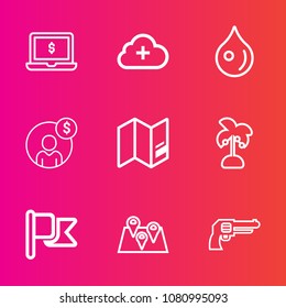 Premium set with outline vector icons. Such as monitor, national, world, screen, account, map, money, handgun, travel, palm, accounting, america, cloud, location, finance, pistol, drop, liquid, summer