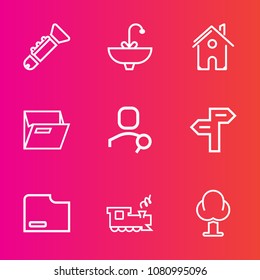 Premium set with outline vector icons. Such as train, way, jazz, blank, instrument, office, sign, chrome, music, business, paper, forest, folder, architecture, document, clean, home, house, transport