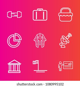 Premium set with outline vector icons. Such as baggage, satellite, park, pie, businessman, grass, exercise, gym, fit, egyptian, global, active, chart, tourism, training, bag, airport, luggage, baja