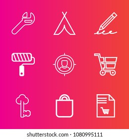 Premium set with outline vector icons. Such as roller, write, equipment, paint, trolley, vintage, travel, maintenance, brush, people, repair, pencil, roll, nature, shopping, industry, camp, retail