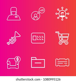 Premium set with outline vector icons. Such as lock, ticket, screen, bellhop, service, storage, freelancer, business, shop, trolley, white, luggage, man, travel, computer, coupon, technology, couch