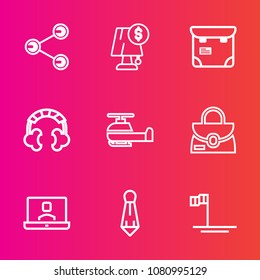 Premium set with outline vector icons. Such as communication, modern, people, aviation, phone, lamp, object, male, leather, video, media, electric, blue, sound, ocean, bag, helicopter, beach, style