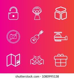 Premium set with outline vector icons. Such as travel, forbidden, present, box, helicopter, flying, gift, camera, carnival, cube, safety, guitar, transportation, air, basket, aviation, fun, high, safe