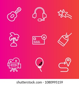 Premium set with outline vector icons. Such as camera, sack, tag, rock, support, audio, palm, tripod, business, headset, concert, call, bag, celebration, label, finance, nature, retro, shiny, white
