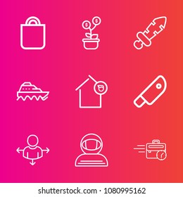 Premium set with outline vector icons. Such as space, food, celebration, direction, knight, cosmonaut, kitchen, science, road, computer, tree, place, finance, present, sword, sea, giving, people, ship