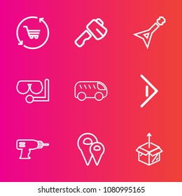 Premium set with outline vector icons. Such as musical, retail, equipment, hammer, cart, left, bus, location, package, tool, guitar, pin, work, shop, white, glass, box, machine, right, screwdriver
