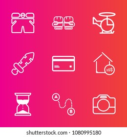 Premium set with outline vector icons. Such as short, film, real, fight, air, medieval, video, map, camera, transportation, equipment, time, handle, glove, aircraft, transport, sword, card, template