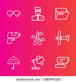 Premium set with outline vector icons. Such as protection, rain, landmark, blank, tv, plane, folder, pistol, modern, game, aircraft, style, record, sunglasses, profile, office, file, gun, sun, table