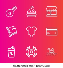 Premium set with outline vector icons. Such as blue, drink, art, glass, musical, plastic, drone, music, melody, shop, helicopter, card, sound, tomato, wooden, lunch, swimming, summer, baggage, airport