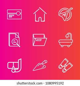 Premium set with outline vector icons. Such as white, search, construction, interior, bathroom, spy, instrument, tape, music, old, paper, estate, tool, stereo, folk, blank, architecture, musical, play