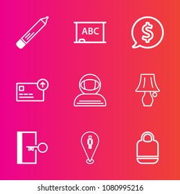 Premium set with outline vector icons. Such as paper, bag, cash, white, table, background, spacesuit, sign, lamp, office, space, frame, astronaut, leather, price, location, science, stationery, pencil