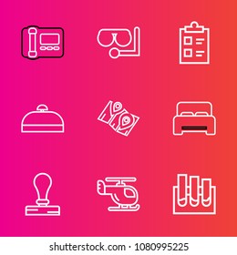 Premium Set With Outline Vector Icons. Such As Glass, White, Beach, Pin, Furniture, Map, Medical, Phone, Style, Transportation, Bed, Paper, Tick, Diving, Luggage, Checklist, Stamp, Sky, Analysis, Mask